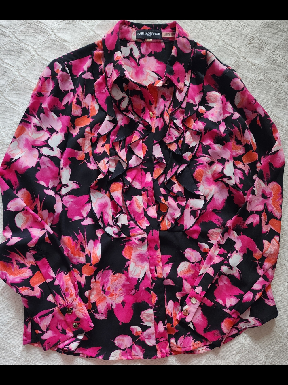 Karl Lagerfeld Black Blouse with Pink Floral Print and Ruffles